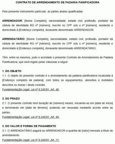 Modelo De Contrato De Arrendamento De Padaria Panificadora