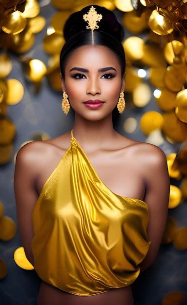 Premium AI Image A Woman In A Gold Dress Stands In Front Of A Gold