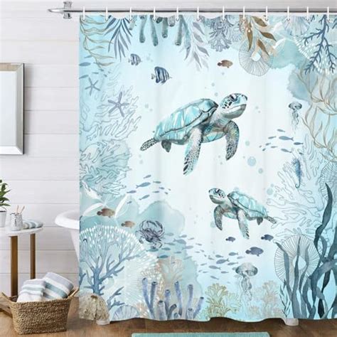 Sea Turtle Shower Curtain For Bathroom Teal Blue Ocean