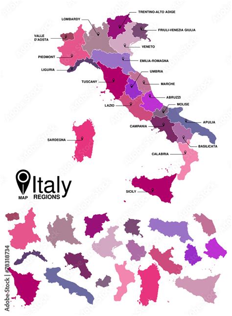 Regions Map Of Italy Mappa Delle Regioni Italia Colore Stock Vector