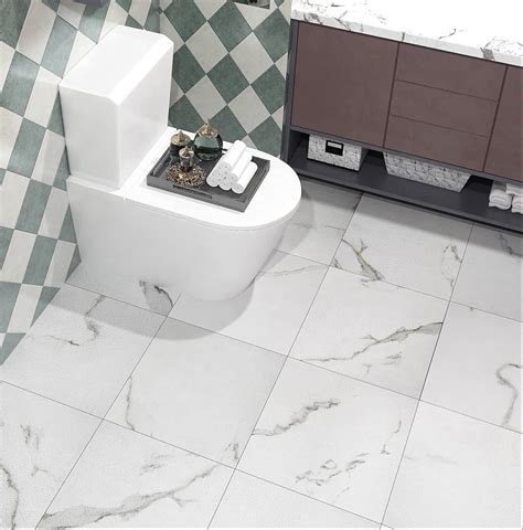Buy FunStick White Peel and Stick Floor Tile Waterproof 12x12 in Marble ...