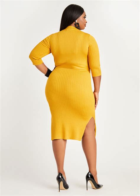 Plus Size Sexy Belted Ribbed Mock Neck Side Slit Bodycon Sweater Dress