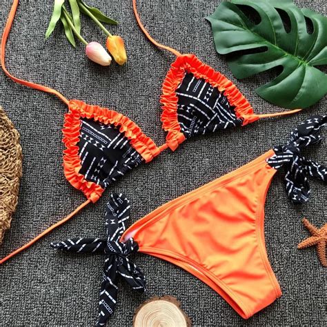 Orange Ruffle Trim Bikini Set With Black Accents On Luulla