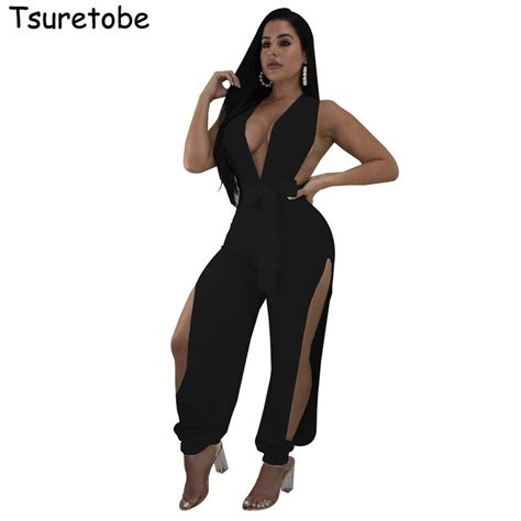 Tsuretobe Sexy Bandage Hollow Out Casual Jumpsuit Women Sleeveless Off Shoulder Jumpsuit Deep V