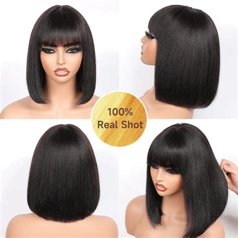 Realistic Glueless Natural Black Yaki Straight Bob With Bangs Wig 10