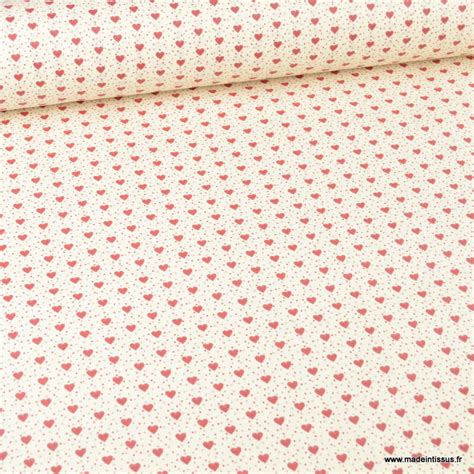 Tissu Coton Enduit Mini Coeur Motifs Coeurs Rouge Fond Ivoire Oeko Tex