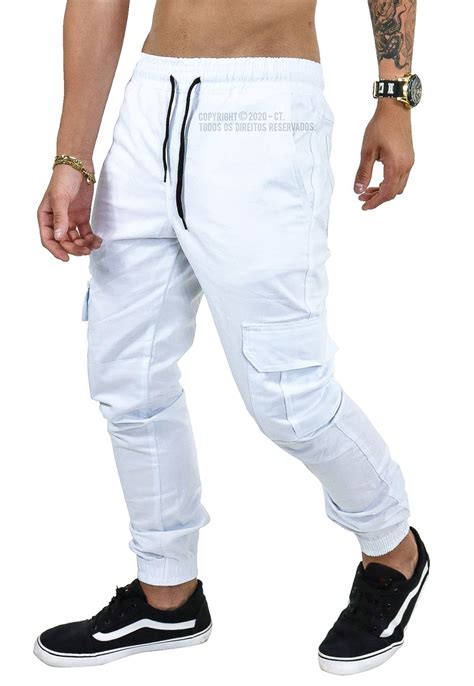 Calça Jogger Masculina Sarja Elástico Bolso Cargo Branca Compre Agora