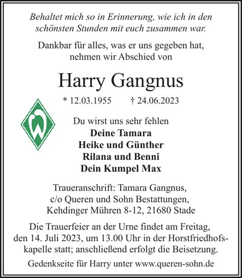 Harry Gangnus Traueranzeige Stader Tageblatt