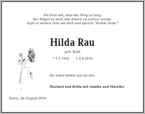 Traueranzeigen Von Hilda Rau Trauer Anzeigen De