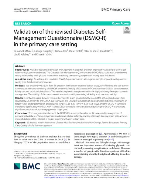 Pdf Validation Of The Revised Diabetes Self Management Questionnaire Dsmq R In The Primary