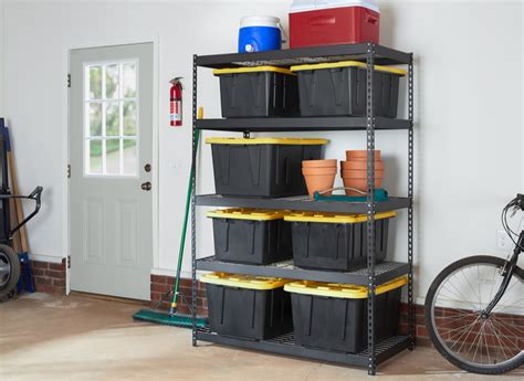 Shelves For Black Storage Bins With Yellow Lids Rhomeimprovement