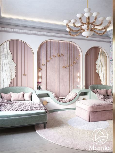 A Bedroom With Pink Walls And Mirrors On The Wall Two Couches And A Bed