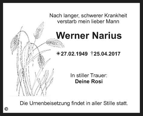 Traueranzeigen Von Werner Narius Nordbayerischer Kurier