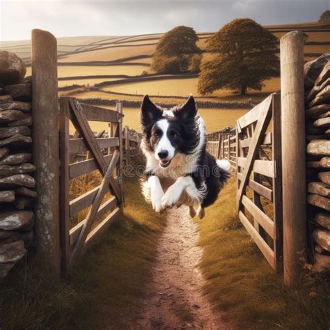 Border Collie Leaps Over Wooden Farm Gate Stock Illustration