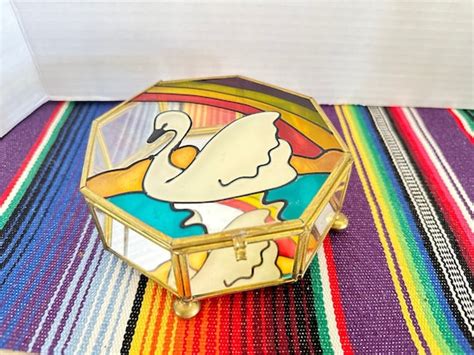 Vintage Stained Glass Rainbow Swan Jewelry Box W Mi Gem