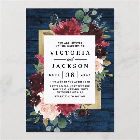 Elegant Burgundy Navy Blue Flowers Wood Wedding Invitation Zazzle Artofit