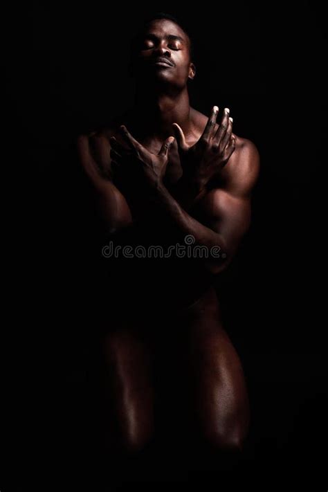 Nude Naked Body And Strong Black Man For Art Deco In Dark Studio With Muscle Power And Strength