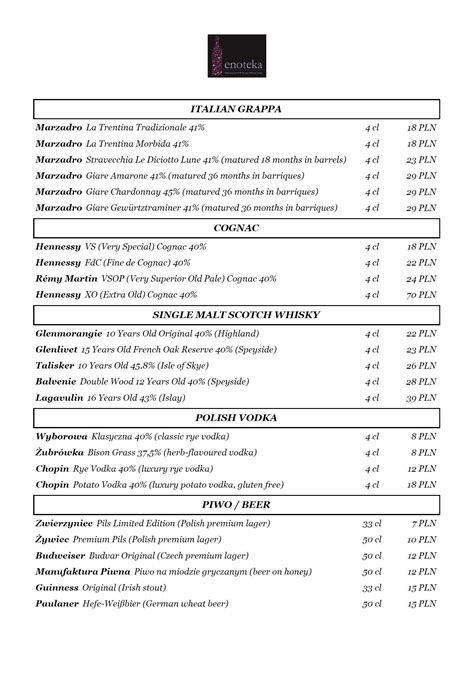 Menu At Enoteka Warszawska Pub Bar Warsaw Rynek Nowego Miasta
