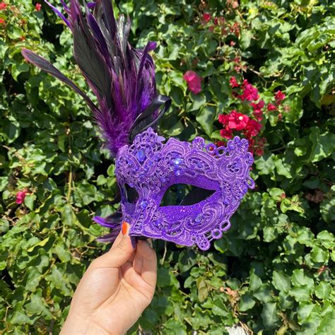 Purple Feather Mask Lace Masquerade Mask With Side Feather Etsy