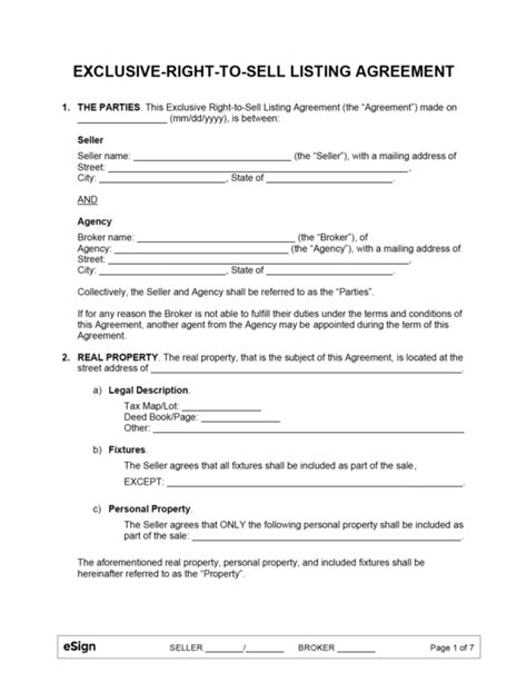 Free Exclusive Right To Sell Listing Agreement Pdf Word