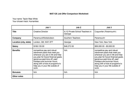 Mat Assignment Job Offer Comparison Worksheet Mat Job