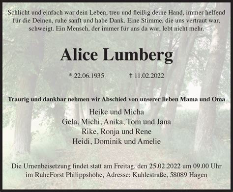 Traueranzeigen Von Alice Lumberg Trauer In NRW De