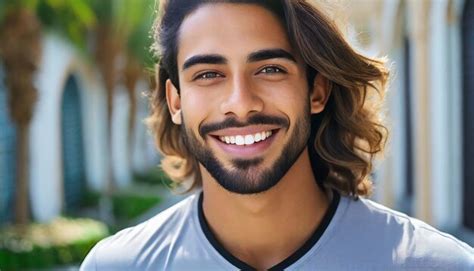 Um Retrato Em Close Up De Um Belo Homem Latino Sorrindo Dentes