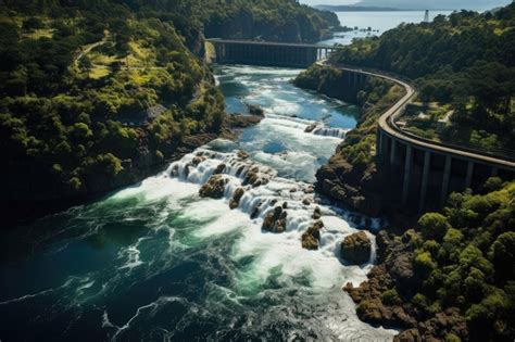 Uma barragem hidrelétrica situada em um vale exuberante mostrando a