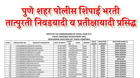 Pune City Police Bharti पुणे शहर पोलीस शिपाई भरती तात्पुरती निवडयादी व प्रतीक्षायादी प्रसिद्ध