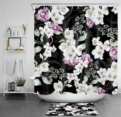 Natures Elegance Green Botanical And Purple Floral Shower Curtain Set