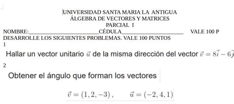 Ejemplo De Parcial I Algebra De Vectores Y Matrices