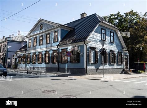 Riga Latvia 22 August 2021 The Typical Colored Wooden Houses In The