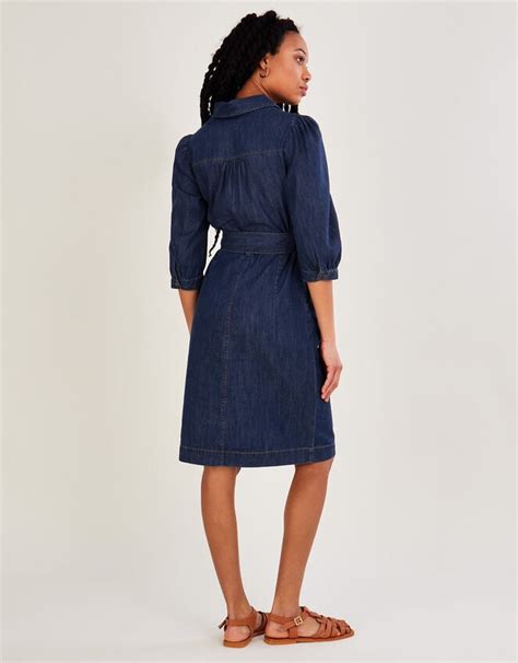 Denim V Neck Belted Midi Dress Blue Day Dresses Monsoon Uk