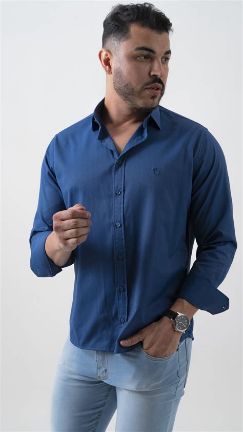 Compre Camisa Social Masculina Slim Olimpo Maquinetada Manga Longa Azul