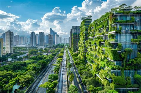 Modern City With Eco Friendly Architecture Green Facades Rooftop