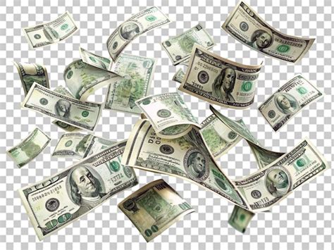 Flying 100 American Dollars Banknote Isolated On Transparent Background