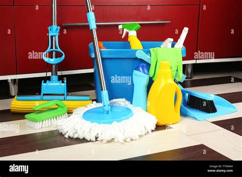 Different tools for cleaning in kitchen Stock Photo - Alamy