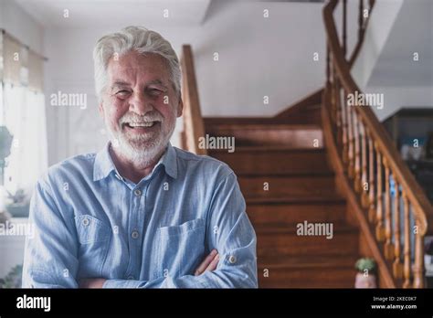 Happy Old Man With Grey Hair Senior 80s Smiling With White Teeth At