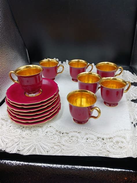 Vintage Rosenthal Ivory Gold And Maroon Saucers And Demitasse Cups Set