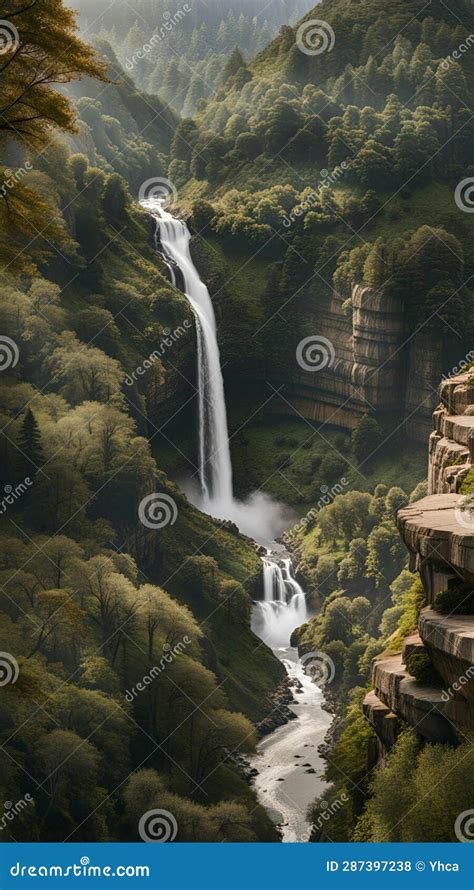 Majestic Waterfall Flowing Down Rocky Canyon Amidst Greenery Stock