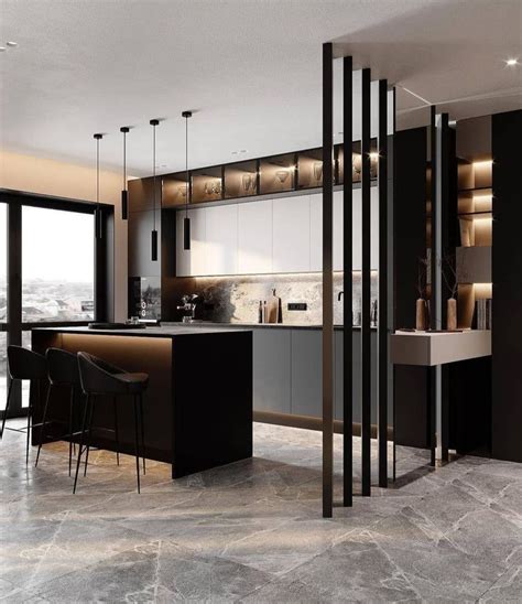 A Modern Kitchen With Marble Floors And Black Cabinets