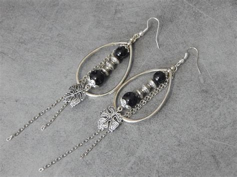 Boucles D Oreilles Argent Es Perles De Verre Noires Breloques Feuilles