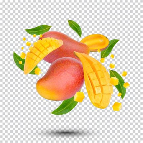 Premium PSD Mango Fruit And Sliced With Leaves Isolated