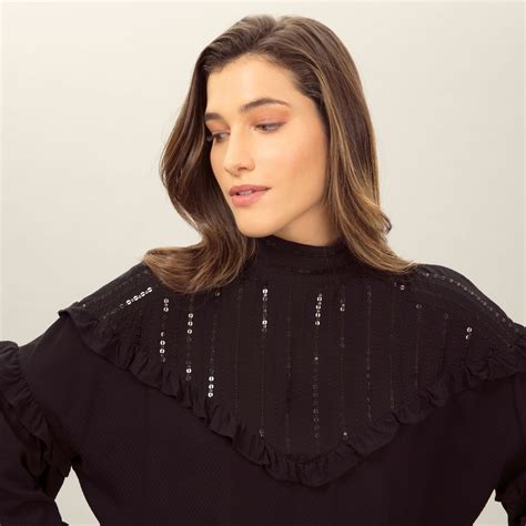 Blusa Manga Longa Lantejoulas Tecido Preto Reativo Lez A Lez