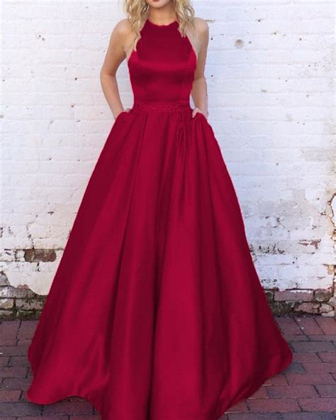 Halter Prom Dresses Satin Ball Gown With Pocket Alinanova