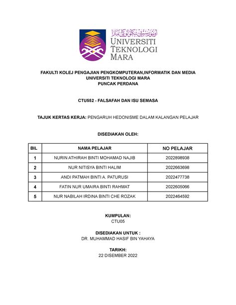 Kertas Kerja Konsep CTU552 IM05 2 FAKULTI KOLEJ PENGAJIAN