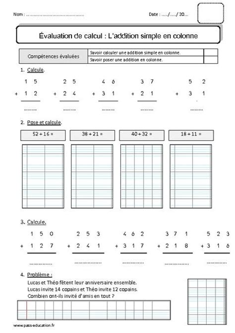 Addition Simple En Colonne Ce1 Bilan Exercice Ce1 Ce1 Additions Ce1