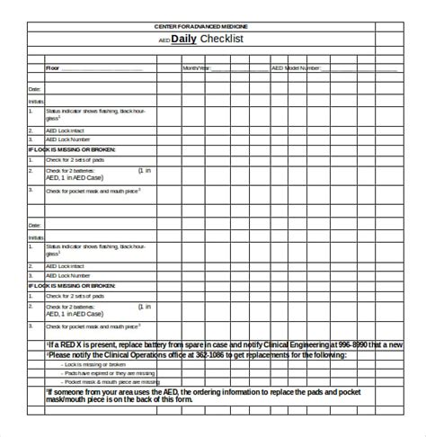 Aed Maintenance Checklist Template