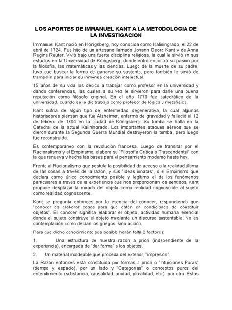 Los Aportes de Immanuel Kant A La Metodologia de La Investigacion | PDF ...