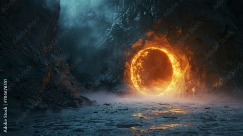 Fiery Orb In A Rocky Cavern A Glowing Fiery Sphere Dramatically